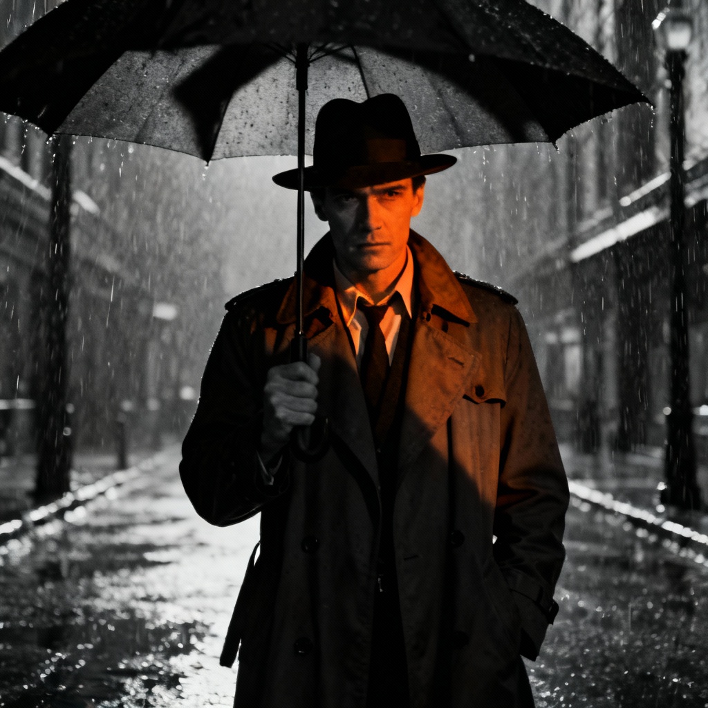 Moody noir detective in fedora under rain