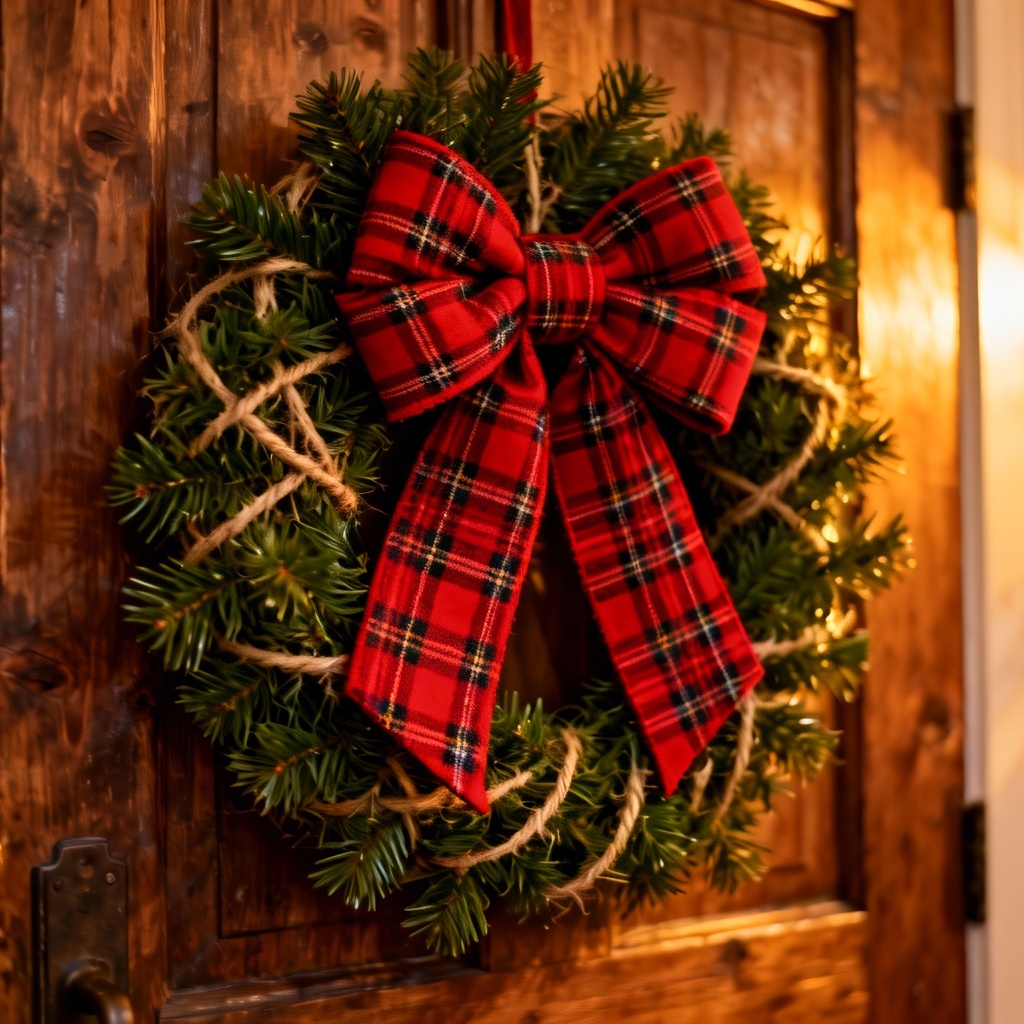 Holiday wreath with oversized red plaid bow