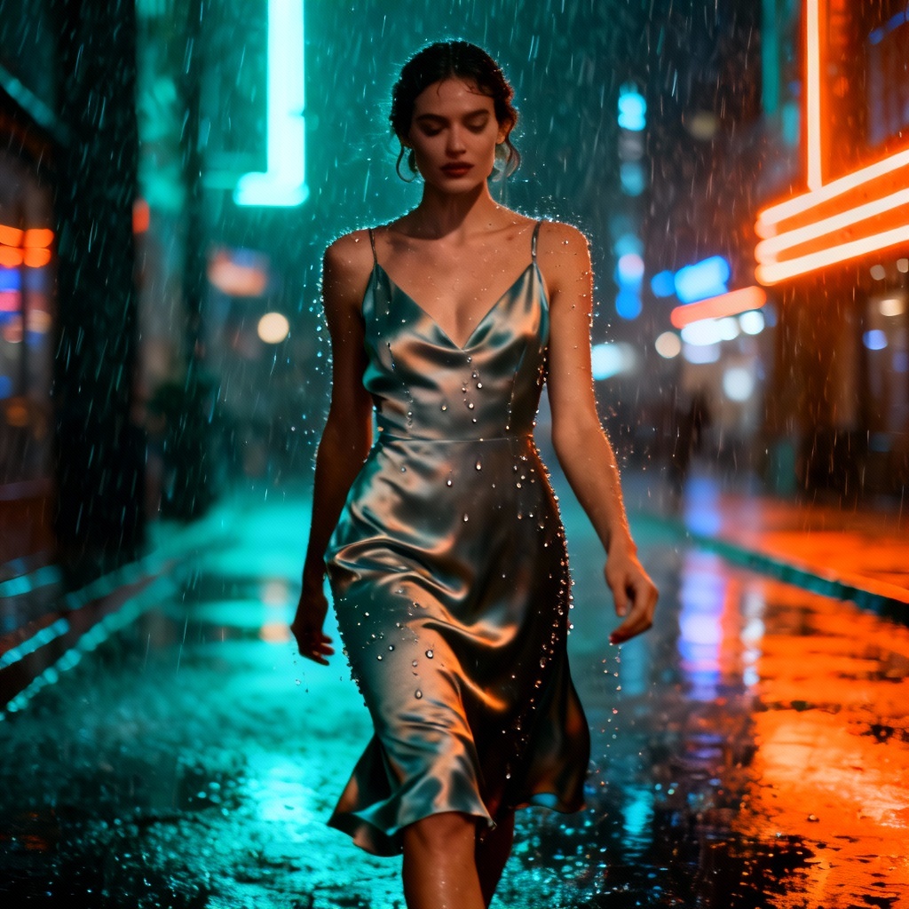 AI wet dress fashion on rainy city street