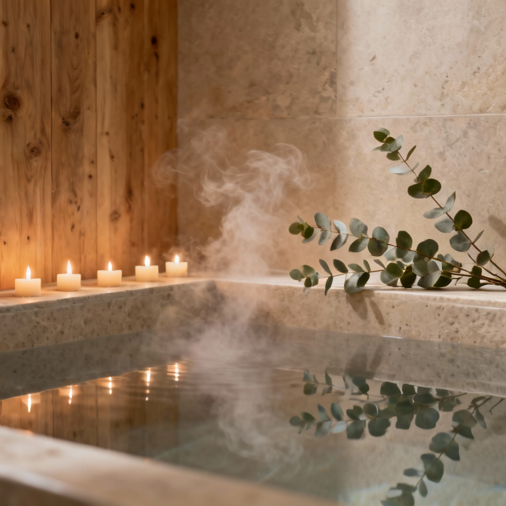 AI spa retreat with steam and ambient candles