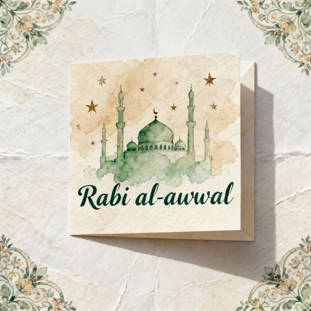 Watercolor Mawlid greeting card with soft mosque skyline
