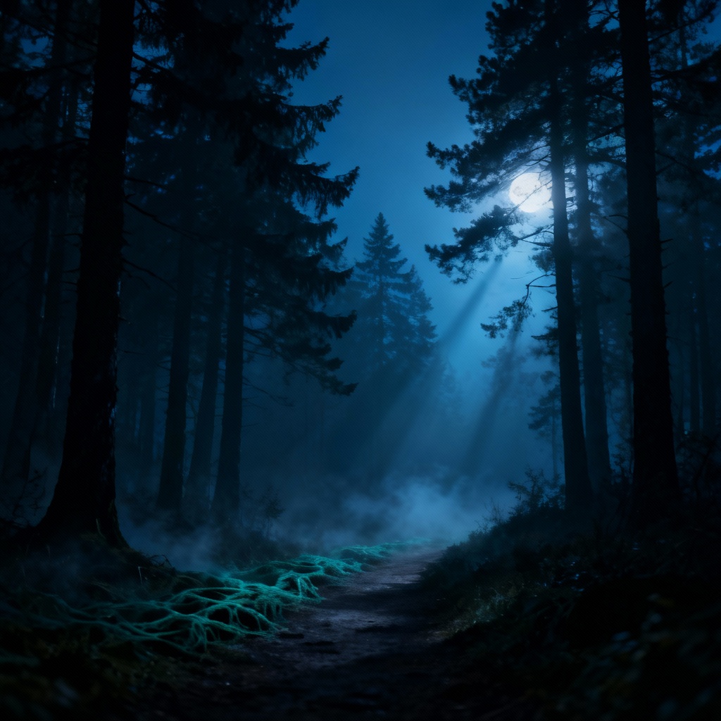 Misty haunted forest path with moonlight and deep shadows