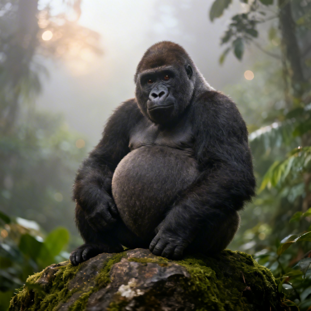 Photorealistic chubby gorilla sitting in a lush rainforest with a friendly smile