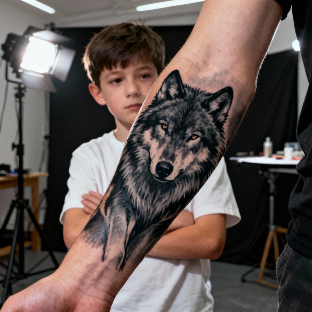 AI realistic tattoo boy with black and gray wolf sleeve
