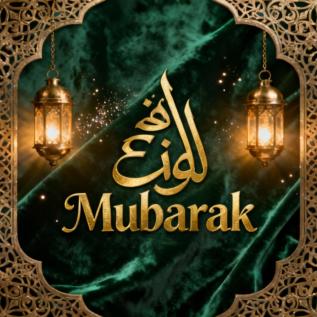 AI Eid Mubarak card with gold foil thuluth calligraphy and lanterns