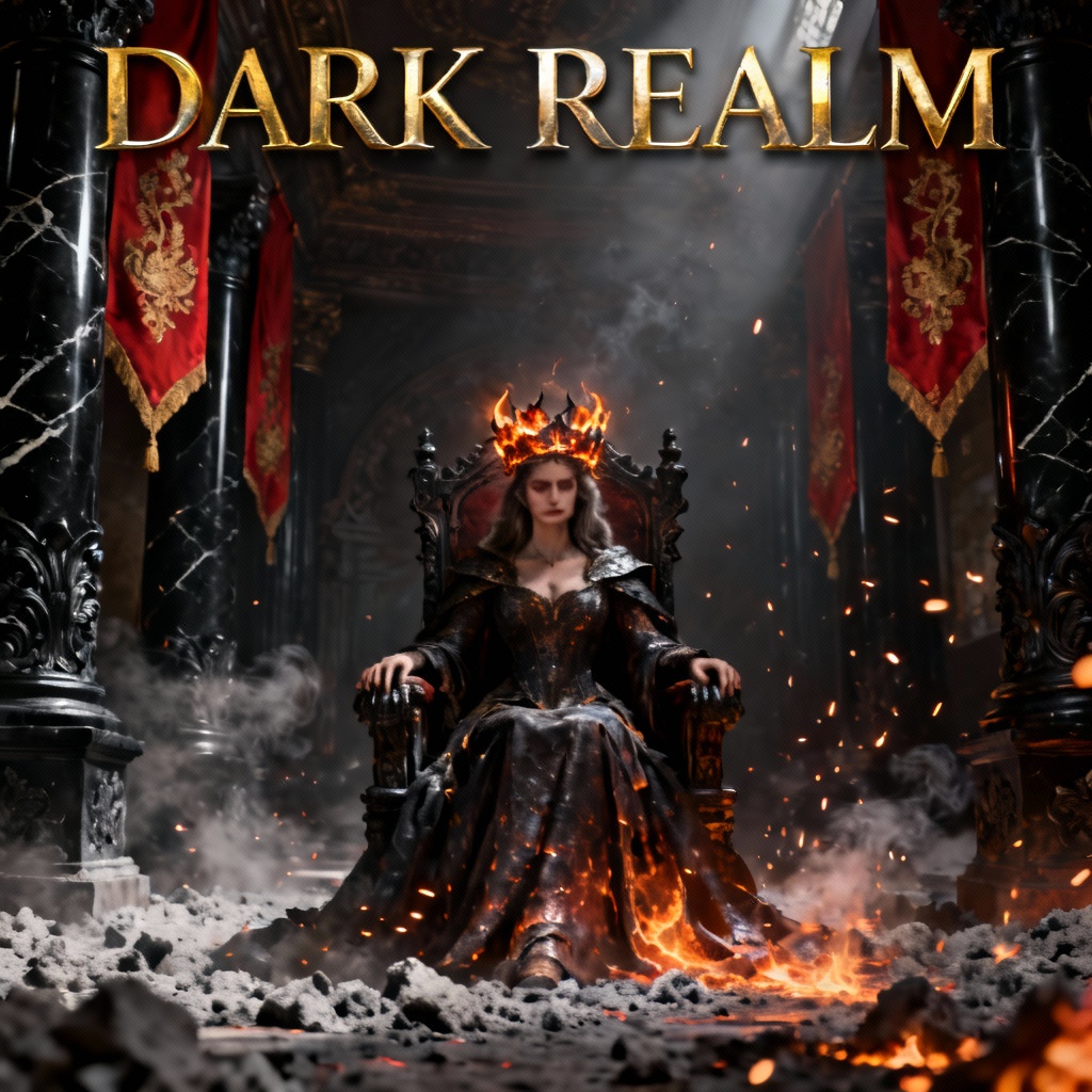 Dark fantasy coronation scene with ash and embers