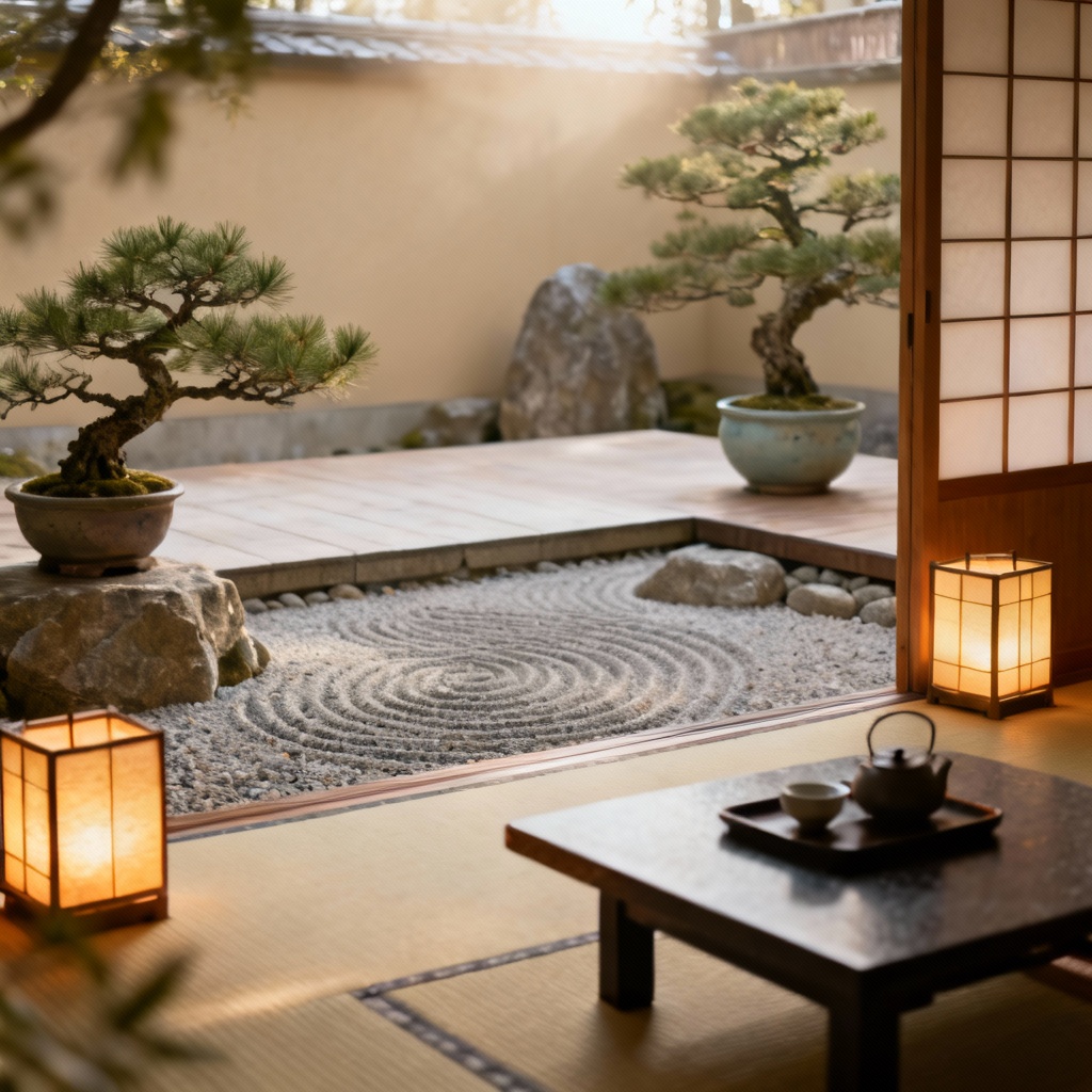 AI tea ceremony garden with tatami platform and lanterns