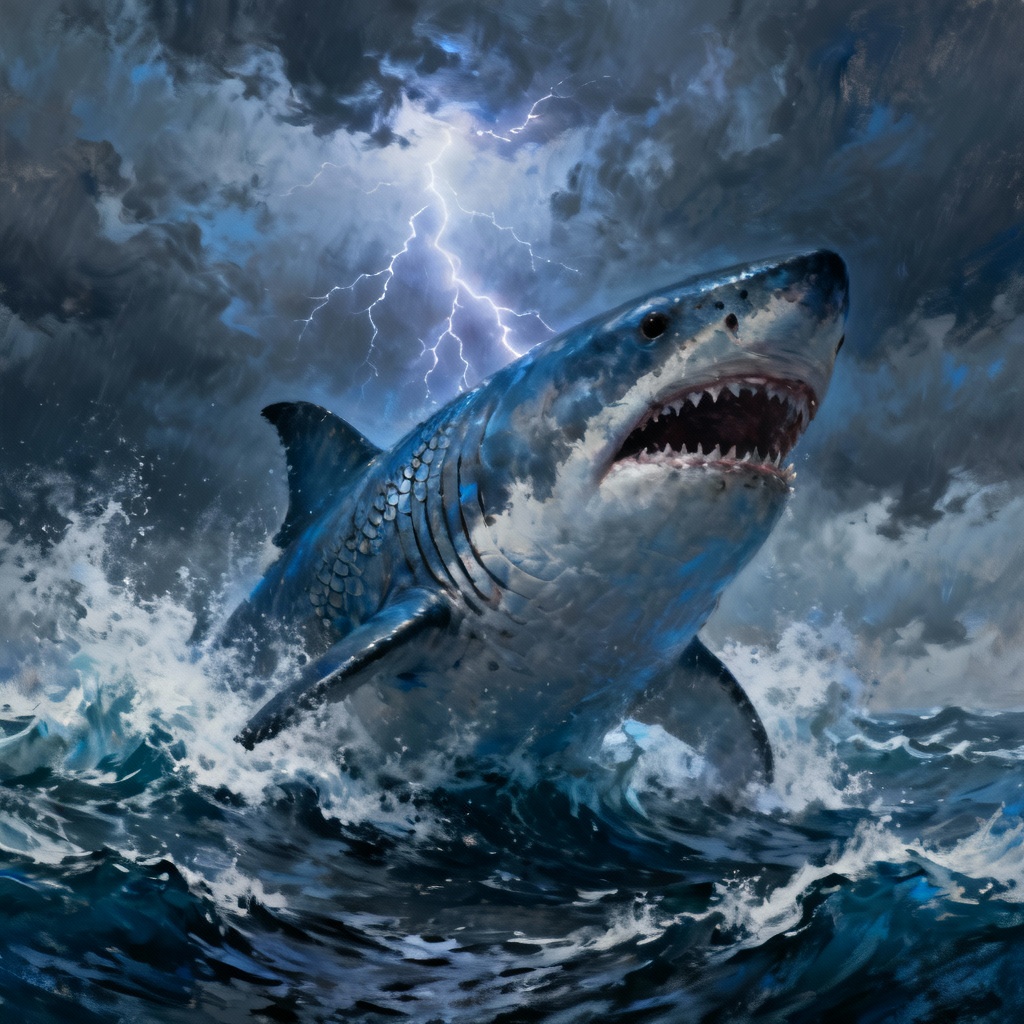 AI megalodon concept art in stormy sea