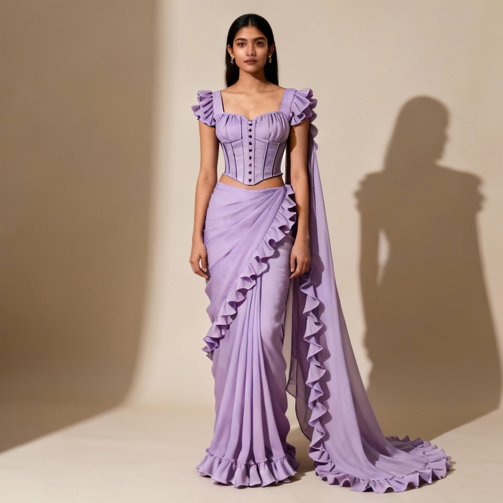 AI Lilac Ruffle Chiffon Pre-stitched Saree