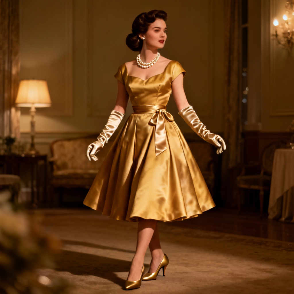 AI vintage 1950s cocktail dress with pearls and gloves