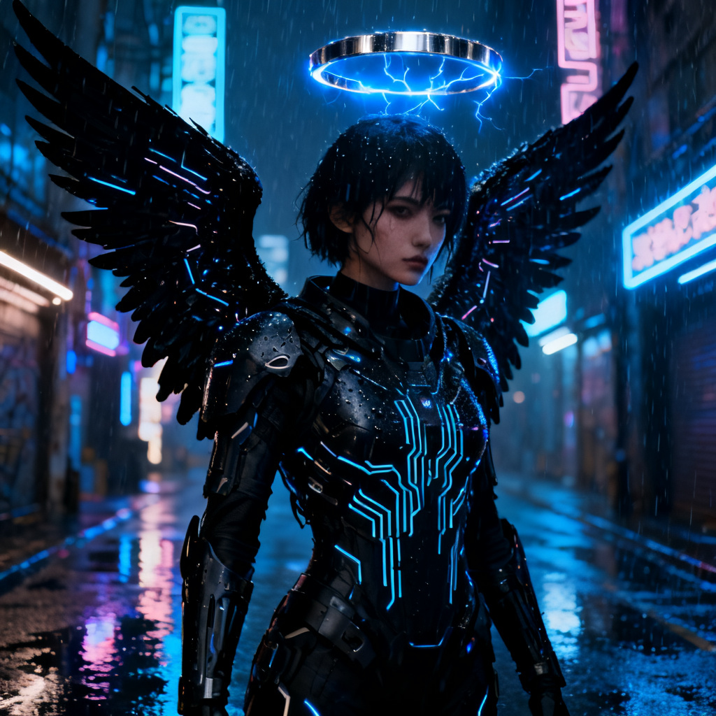 AI cyberpunk dark angel with neon wings in rainy alley