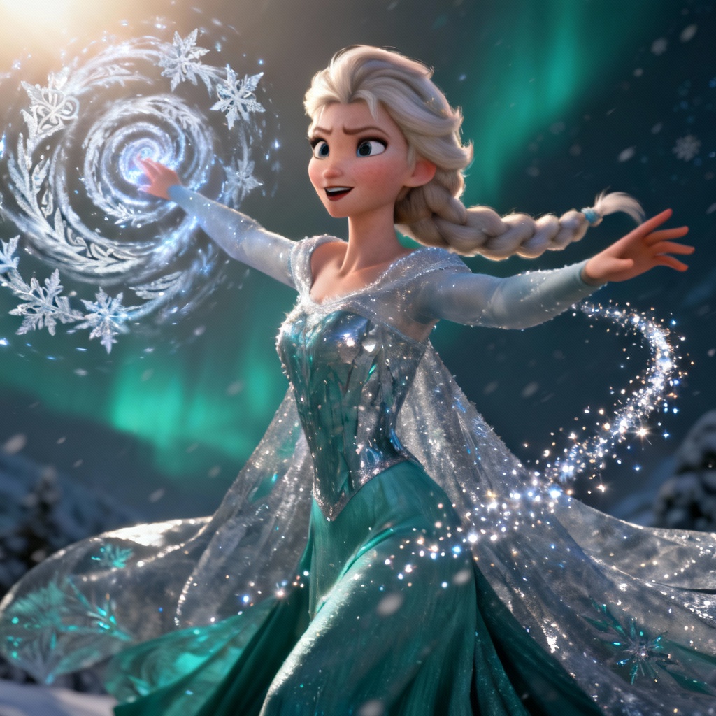 AI Elsa-style character casting a magical snow spell