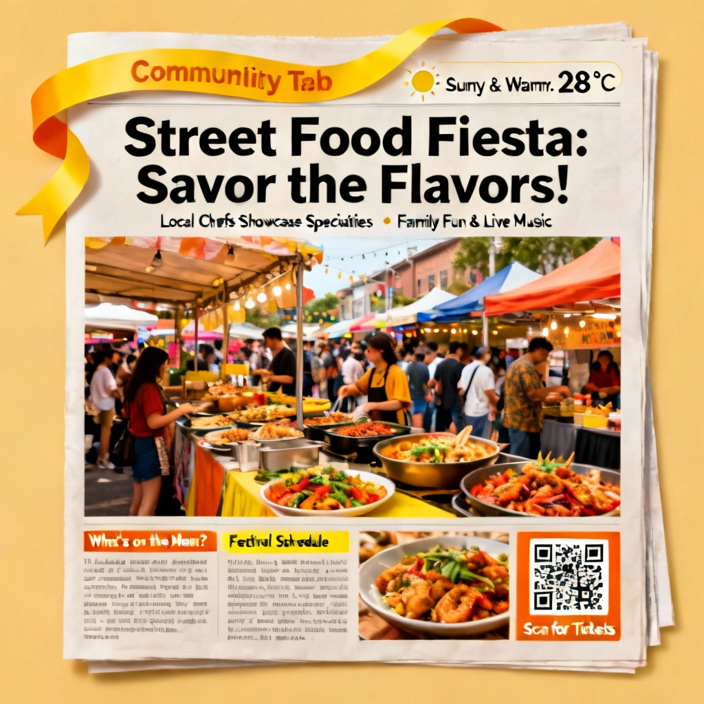 AI community tabloid front page featuring local food festival