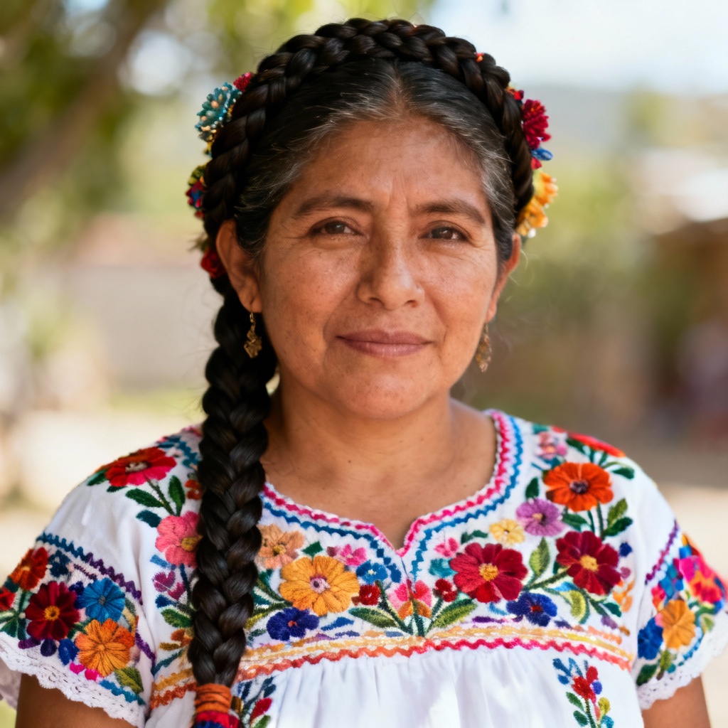 AI portrait wearing Oaxacan huipil with floral embroidery