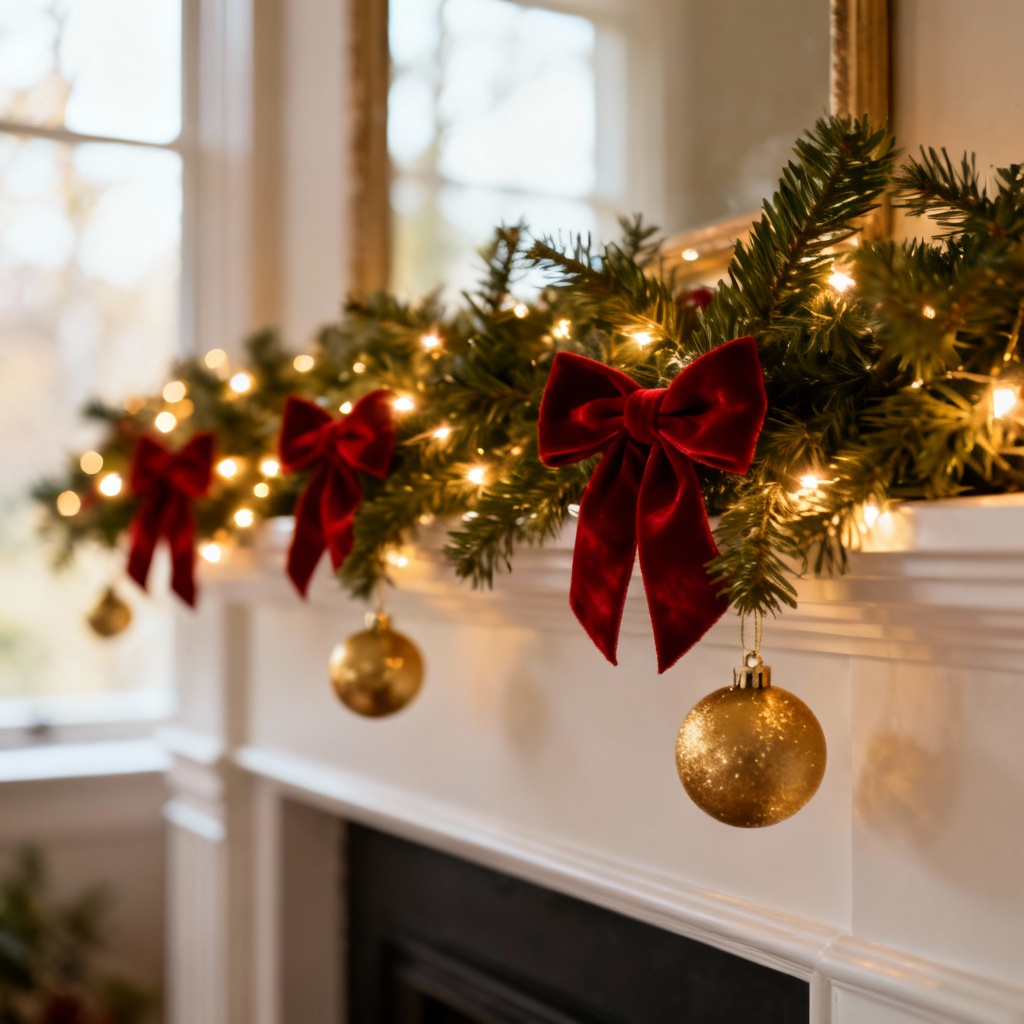 AI generated Christmas garland with pine, warm lights, red ribbon, and gold ornaments on a mantel