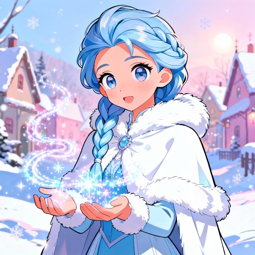Anime winter girl with blue braids and snow magic