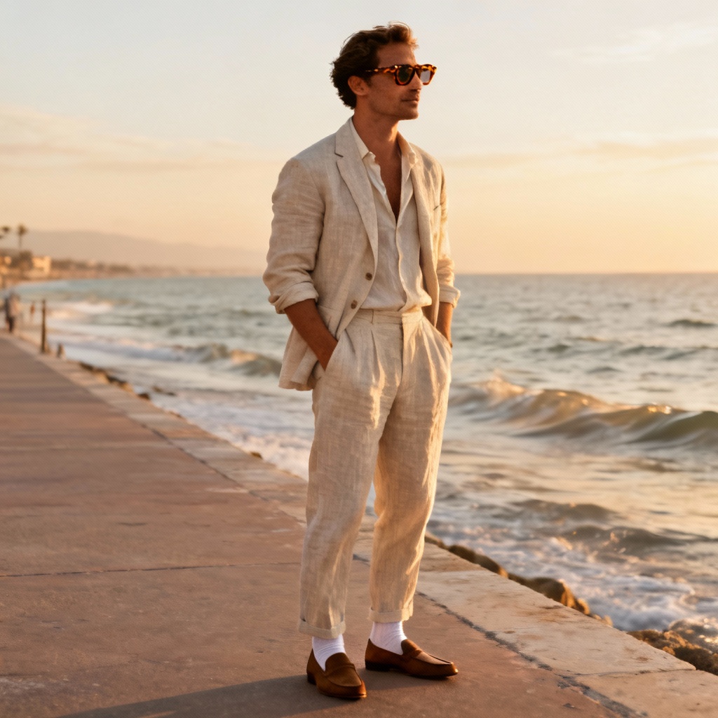 AI summer linen suit with relaxed tailoring by the sea