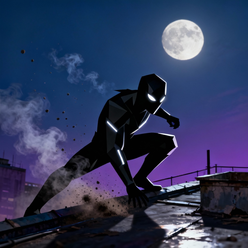 AI stealth superhuman on a moonlit rooftop