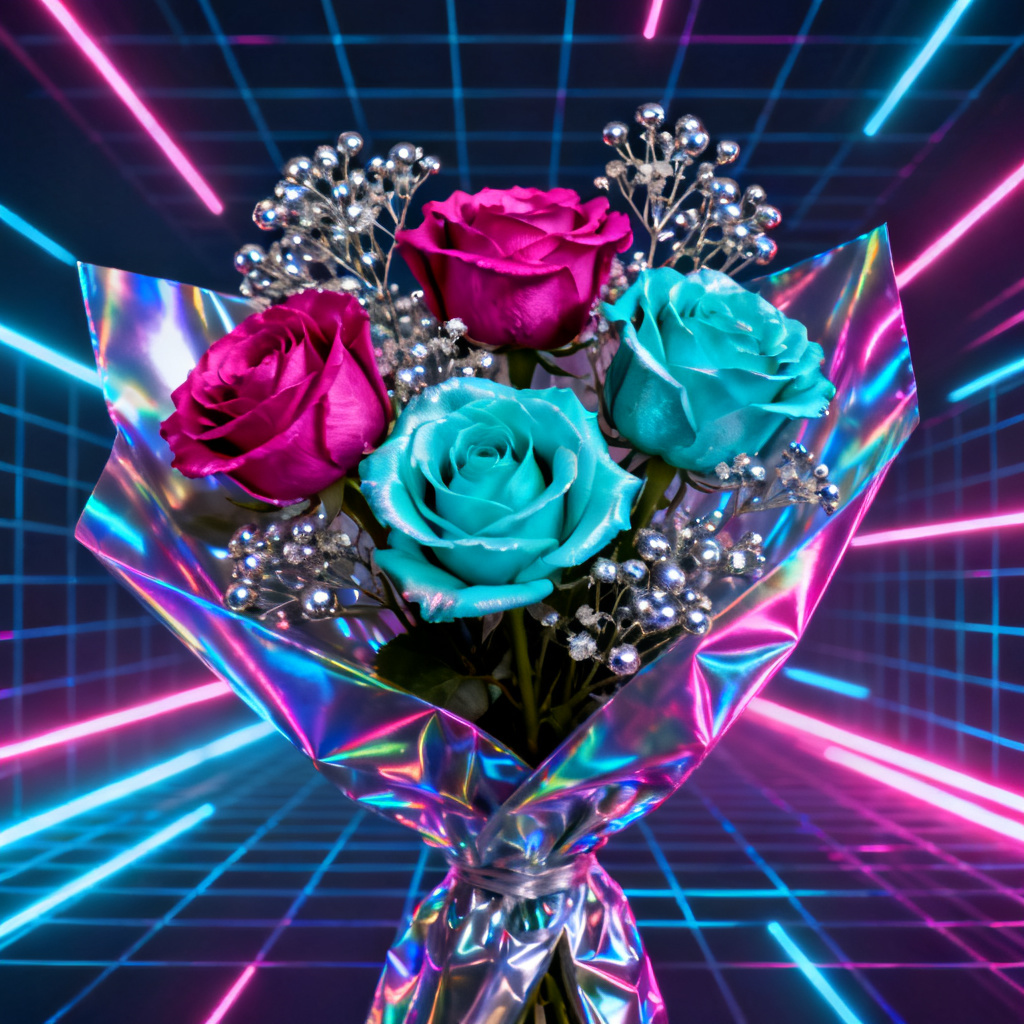 AI neon vaporwave bouquet with holographic wrap