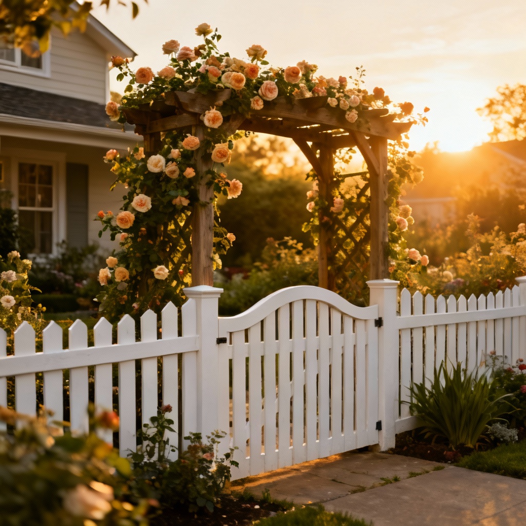 Charming white picket fence and garden arbor in a cottage front yard