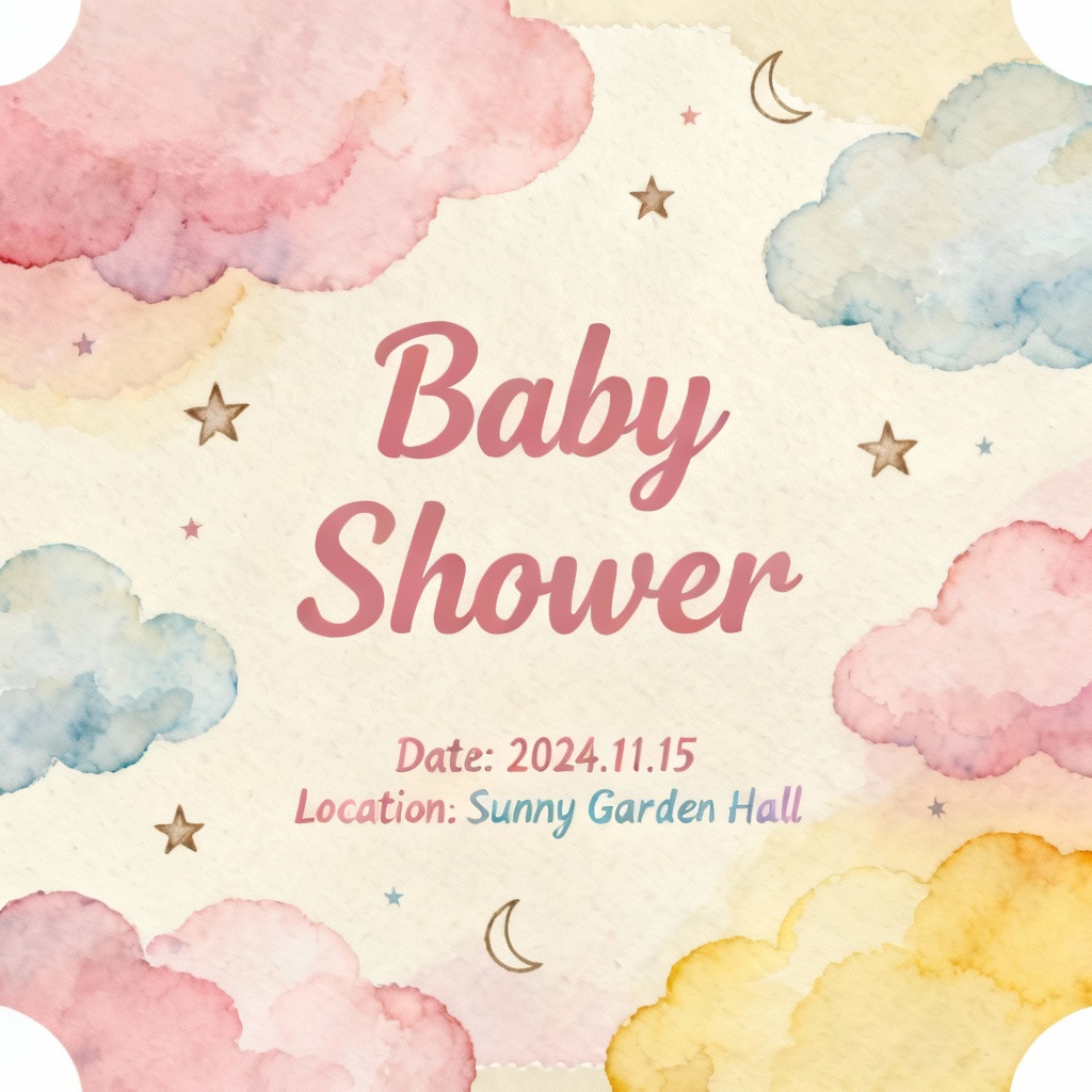 AI pastel baby shower invitation with watercolor clouds
