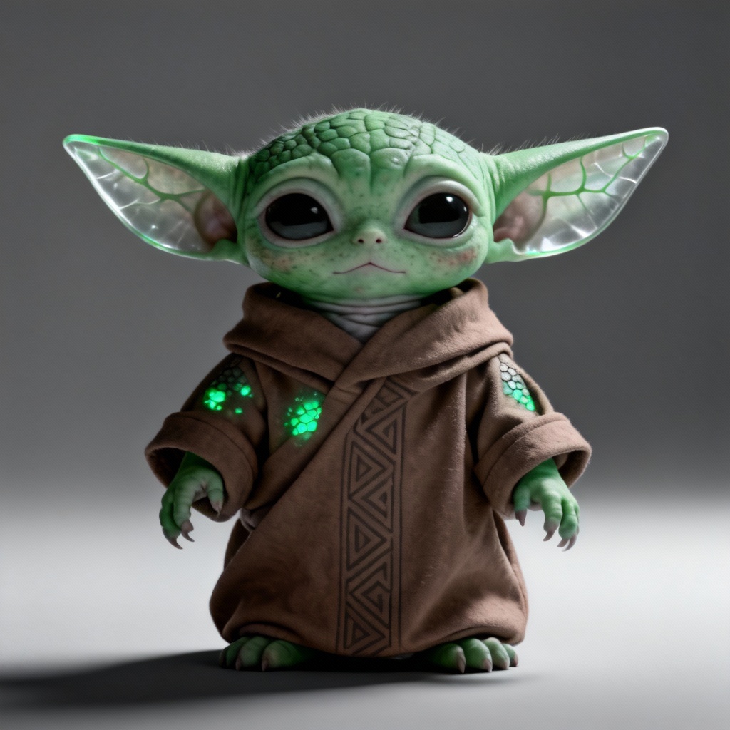 Sphynx cat as Baby Yoda style green alien