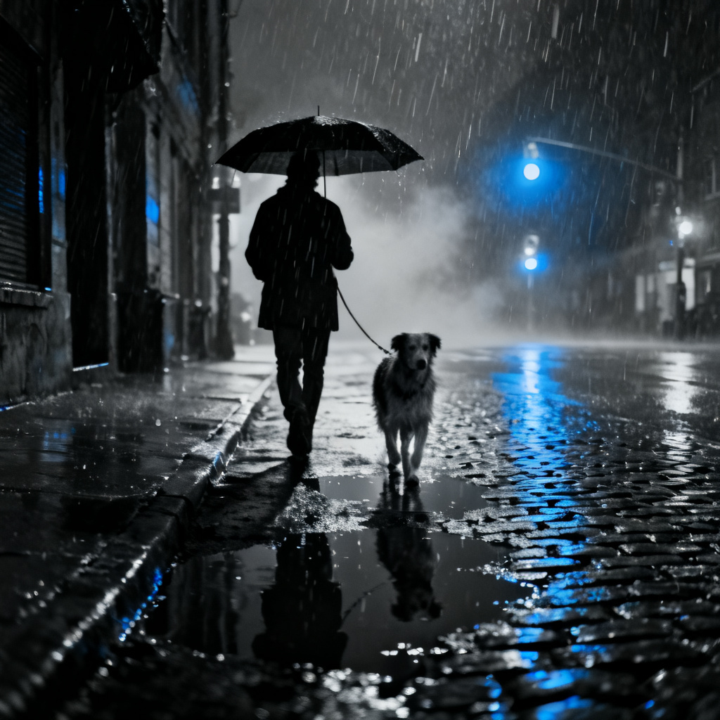 AI noir rainy city dog walking scene