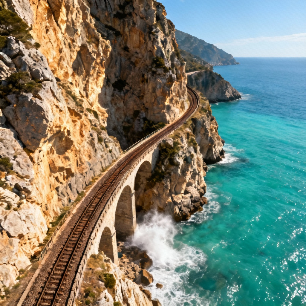 AI coastal cliff railway above turquoise sea