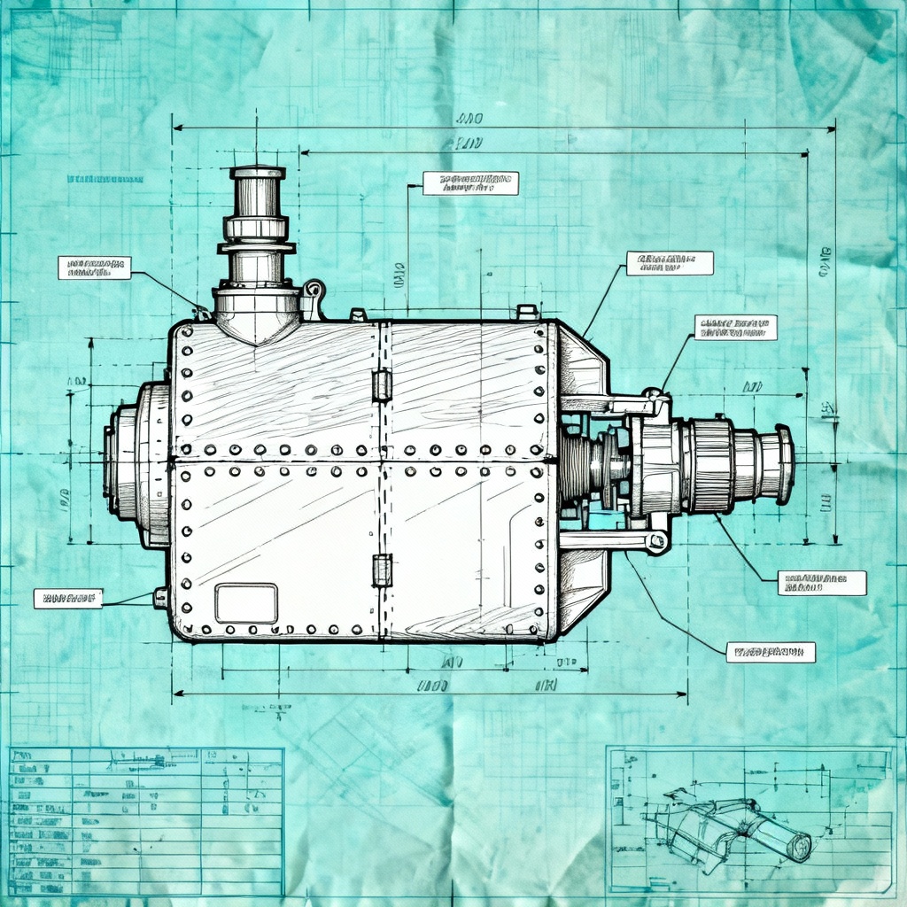 AI blueprint mech diagram with orthographic labels