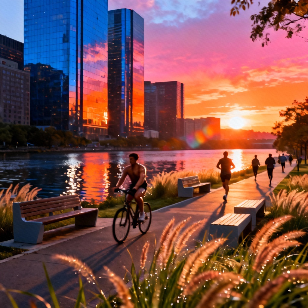 Sunset riverside park with promenade and cyclists