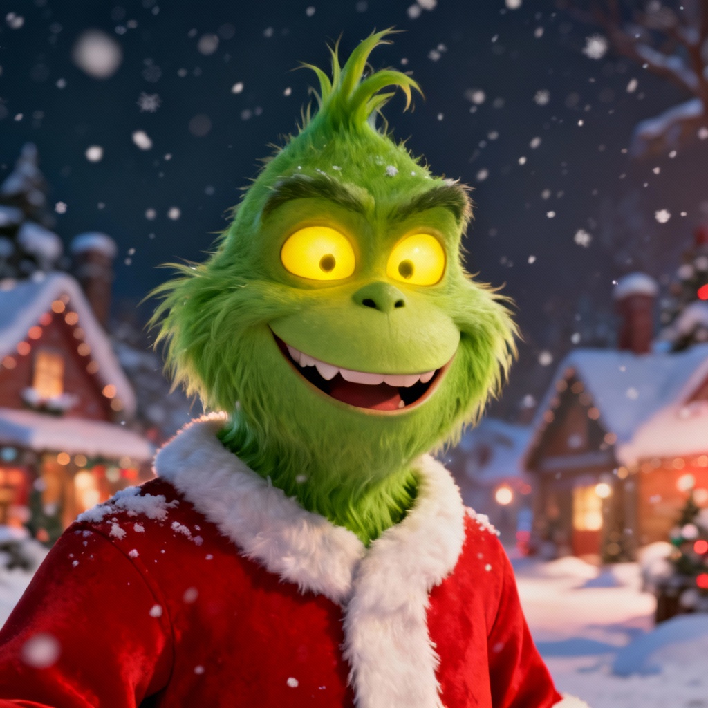 AI Grinch portrait, green furry holiday character with red coat in snowy town