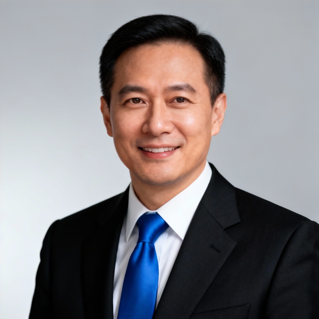 AI black suit blue tie headshot