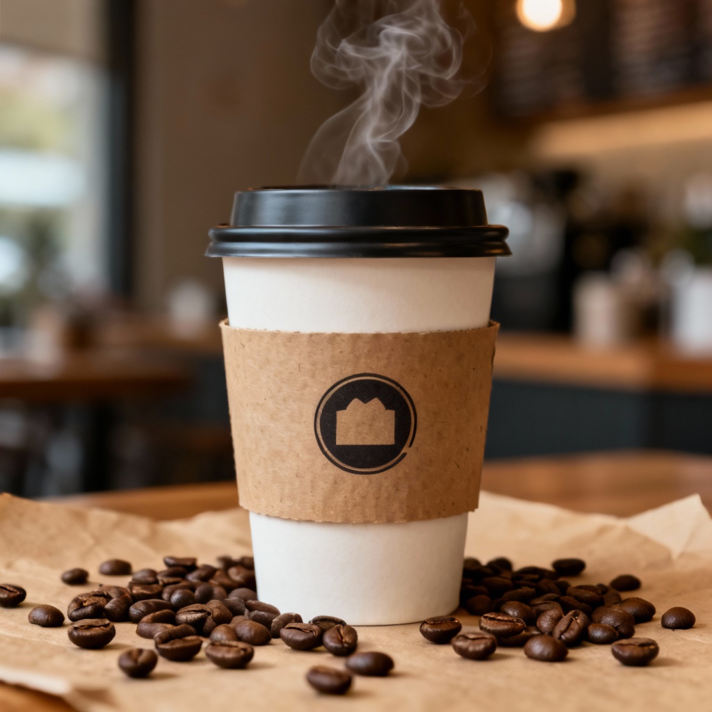 AI coffee cup mockup with kraft sleeve and logo
