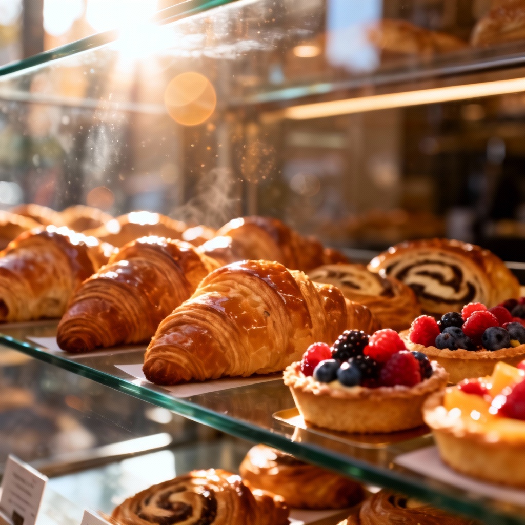AI bakery display morning scene with assorted pastries