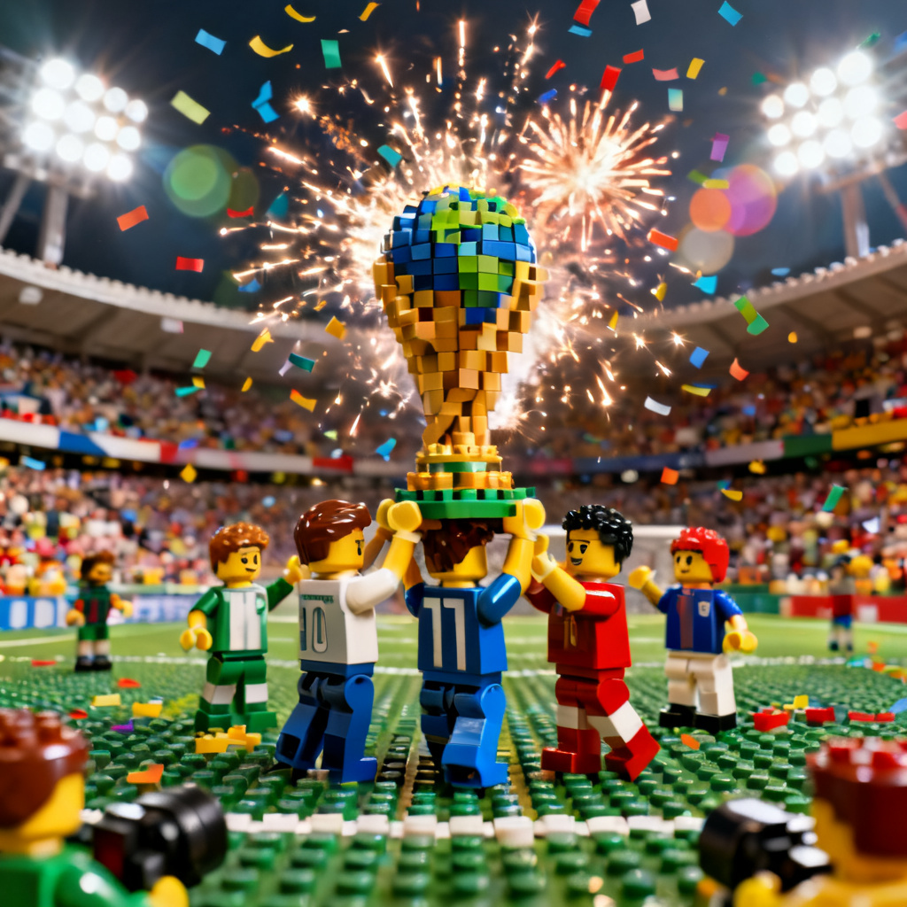AI worldcup-lego trophy celebration with brick-built cup