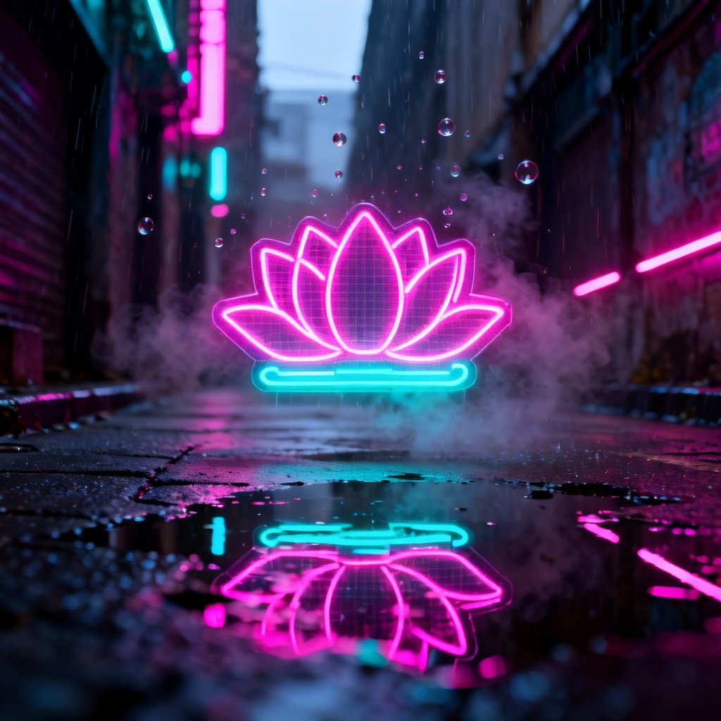 AI neon cyberpunk lotus sign above rainy alley