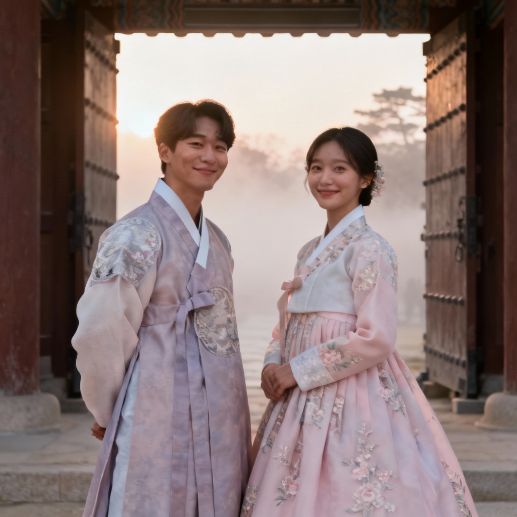 AI hanbok pre-wedding Korean couple at palace gate