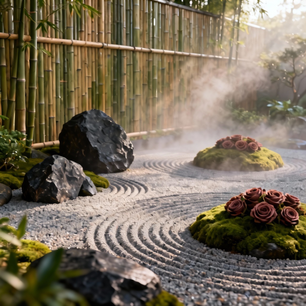Zen rock garden blended with sculpted rose mounds