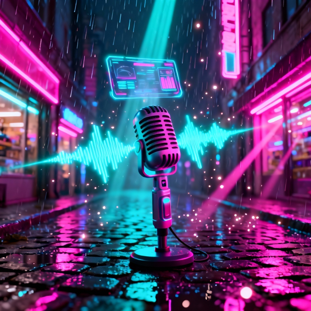 AI cyberpunk neon microphone with hologram waves