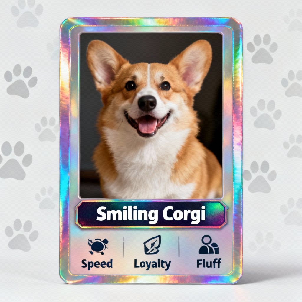 AI generated holographic pet trading card featuring a smiling corgi