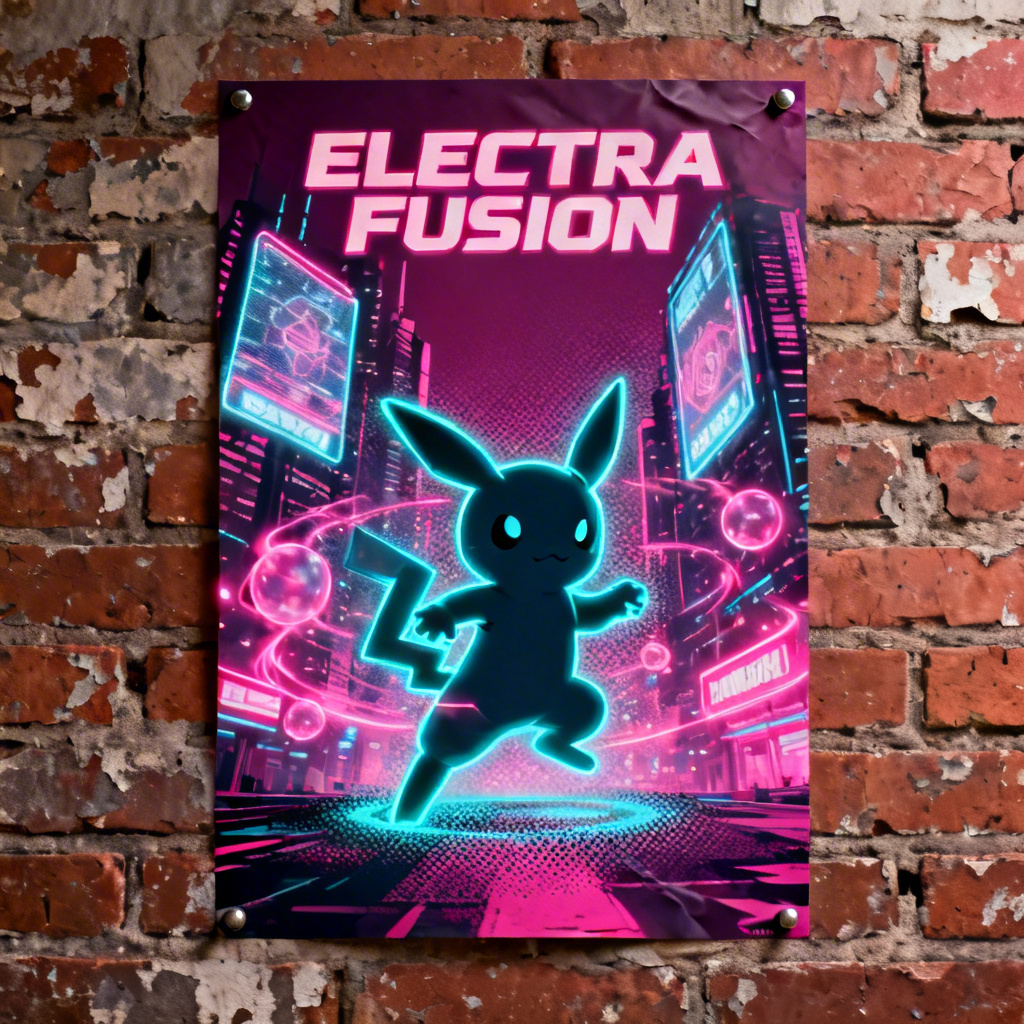 Neon style pokemon poster with bold typography and glowing city background