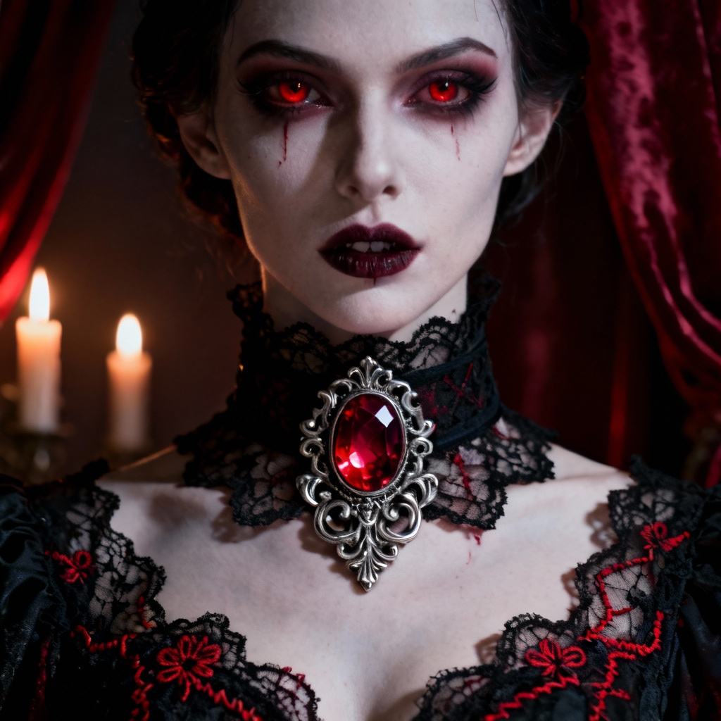 Cosplay queen wearing ornate black lace choker