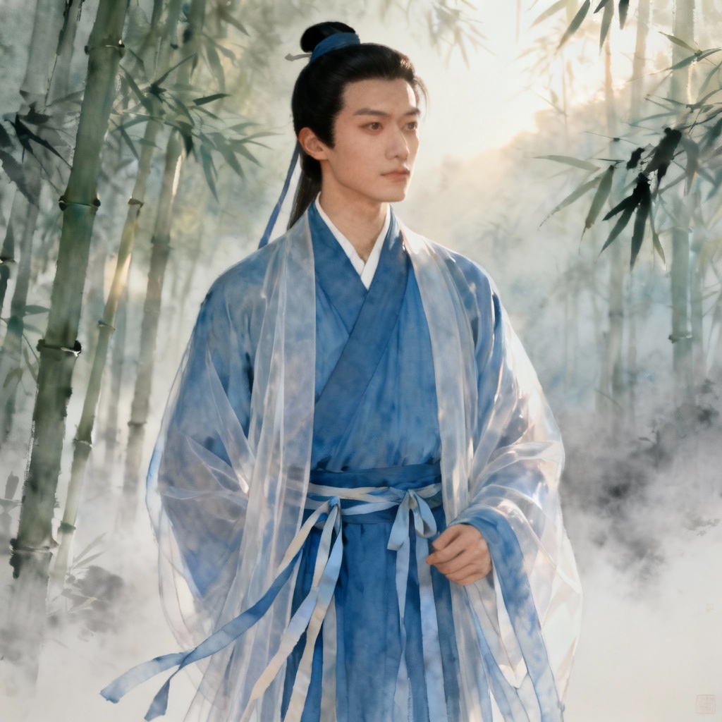 AI blue Song dynasty ruqun scholar in a bamboo grove