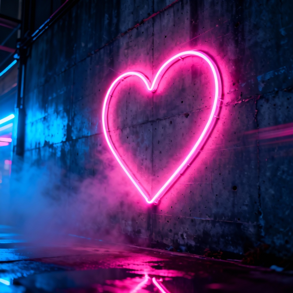 AI neon heart outline glowing on dark wall