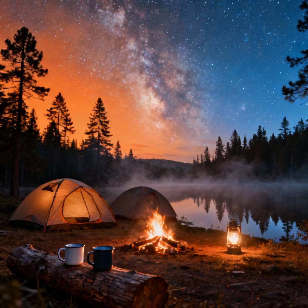 AI camping scene with tents under a starry sky and warm campfire glow