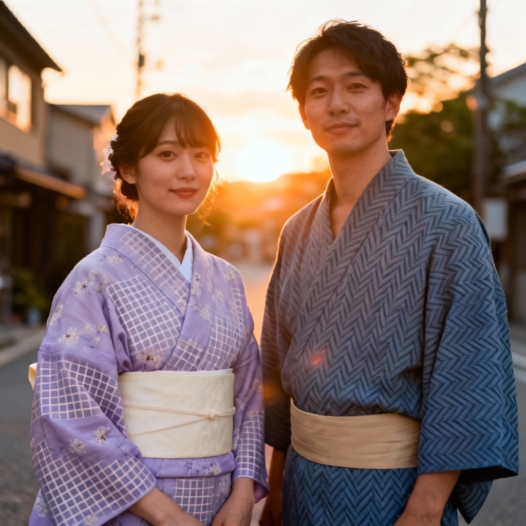 Couple’s AI yukata try-on with coordinated patterns