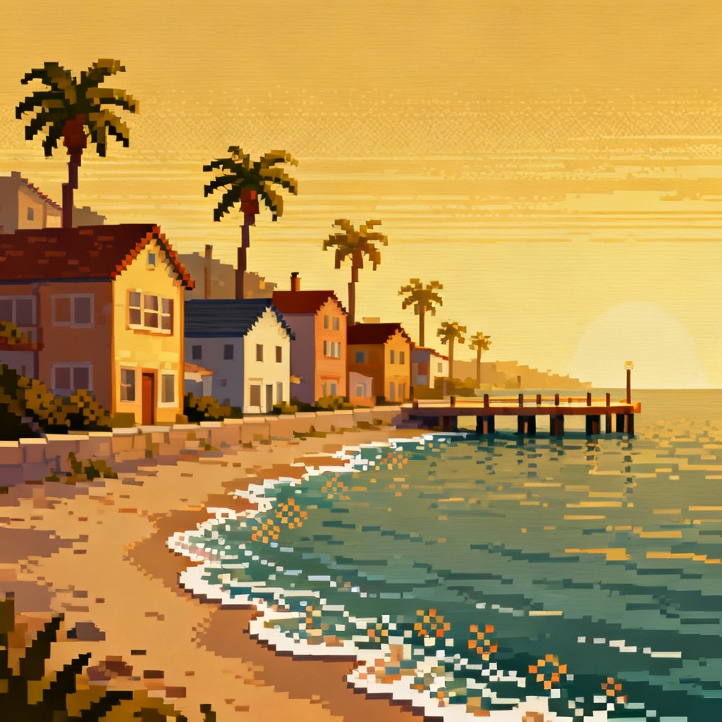 AI nostalgic pixel art seaside postcard with CRT feel