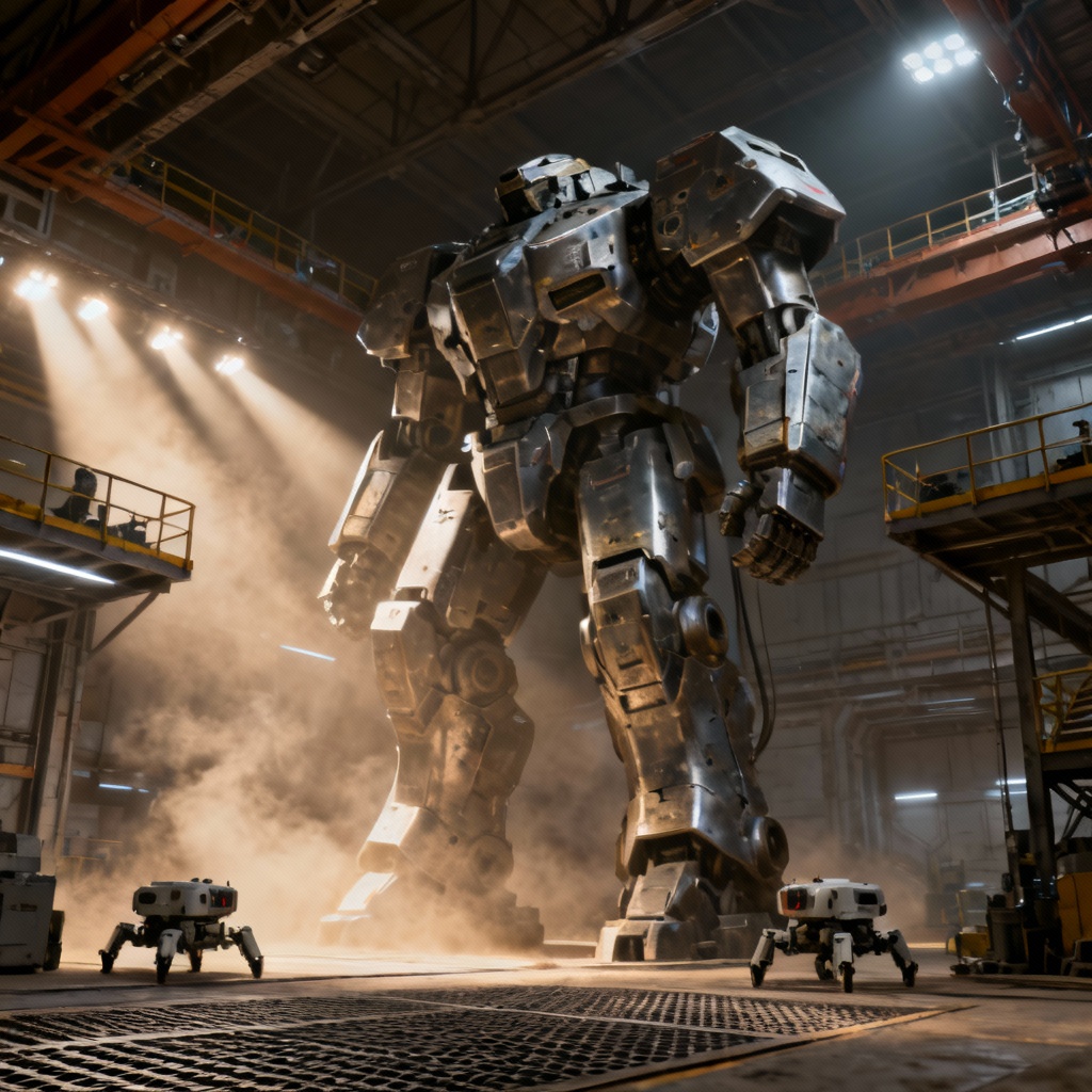 AI sci fi mecha robot in industrial hangar