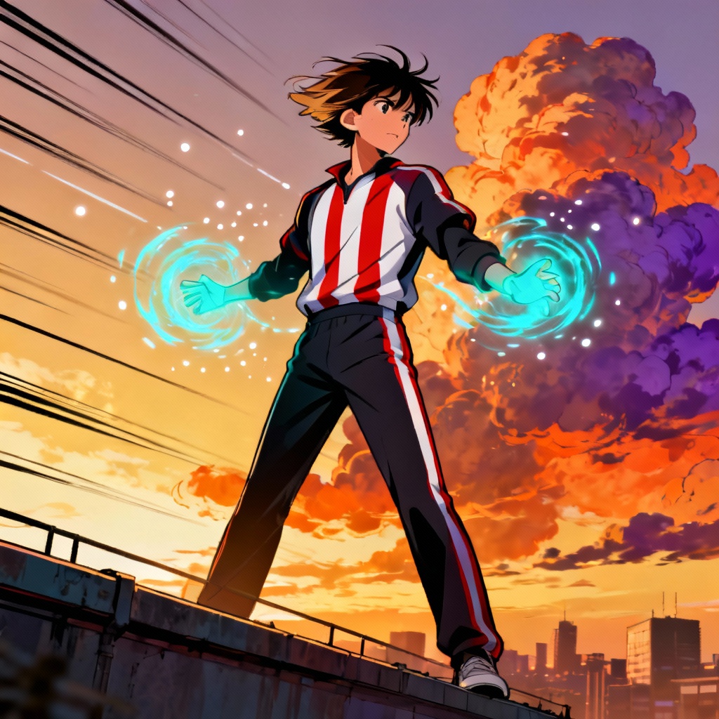 AI MHA hero on rooftop with glowing energy effect at sunset