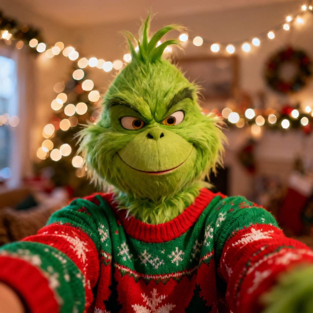 AI Grinch ugly sweater selfie